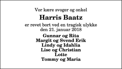 Dødsannoncen for Harris Baatz - Frederikshavn