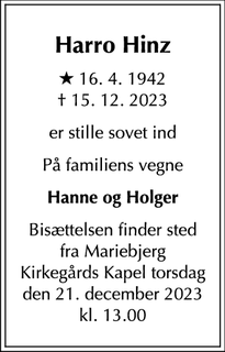 Dødsannoncen for Harro Hinz - Svendborg