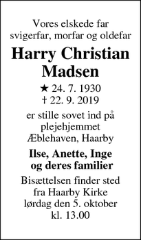 Dødsannoncen for Harry Christian Madsen - Haarby