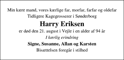 Dødsannoncen for Harry Eriksen - Vejle