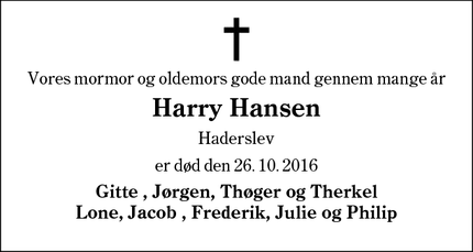 Dødsannoncen for Harry Hansen - Haderslev