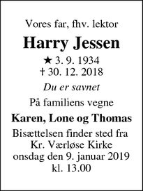 Dødsannoncen for Harry Jessen - Værløse