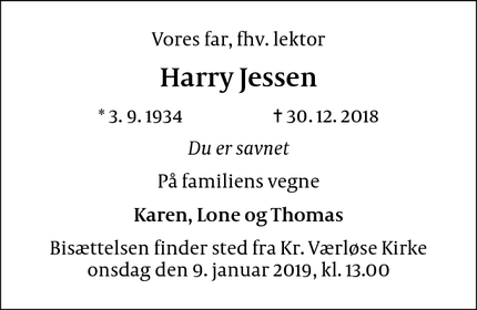 Dødsannoncen for Harry Jessen - Værløse