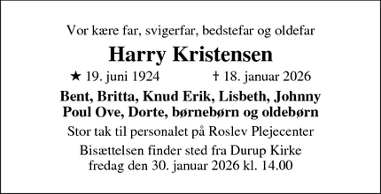 Dødsannoncen for Harry Kristensen - Durup
