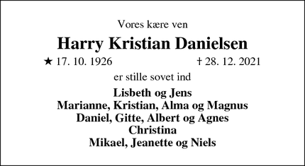 Dødsannoncen for Harry Kristian Danielsen - Skjern