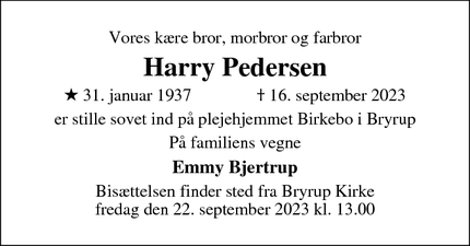 Dødsannoncen for Harry Pedersen - Bryrup