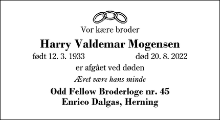 Dødsannoncen for Harry Valdemar Mogensen - Snejbjerg