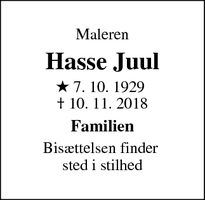 Dødsannoncen for Hasse Juul - Flade