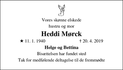 Dødsannoncen for Heddi Mørck - Høje-Taastrup