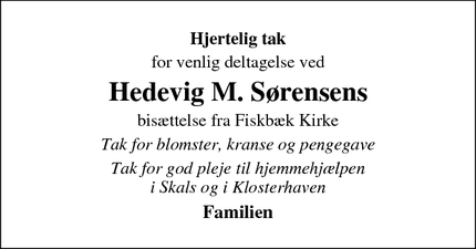Taksigelsen for Hedevig M. Sørensens - Viborg