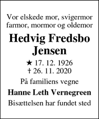 Dødsannoncen for Hedvig Fredsbo Jensen - Aarhus