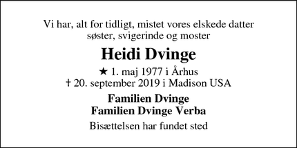 Dødsannoncen for Heidi Dvinge - Madison USA