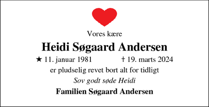 Dødsannoncen for Heidi Søgaard Andersen - Humlum