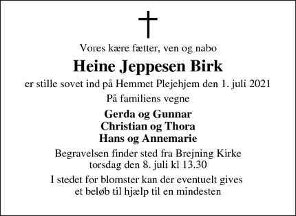 Dødsannoncen for Heine Jeppesen Birk - Skjern