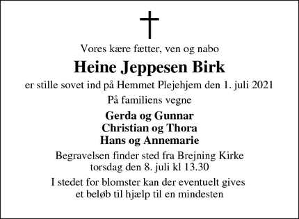 Dødsannoncen for Heine Jeppesen Birk - Skjern