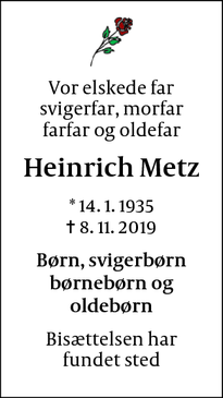 Dødsannoncen for Heinrich Metz - København