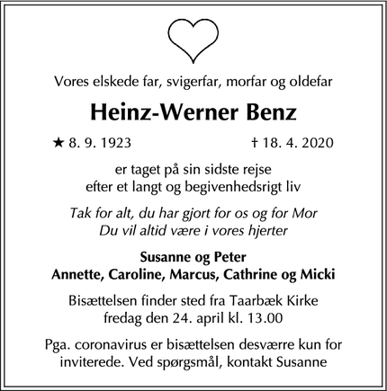 Dødsannoncen for Heinz-Werner Benz - Hørsholm
