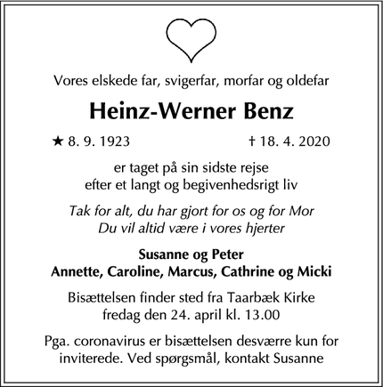 Dødsannoncen for Heinz-Werner Benz - Hørsholm