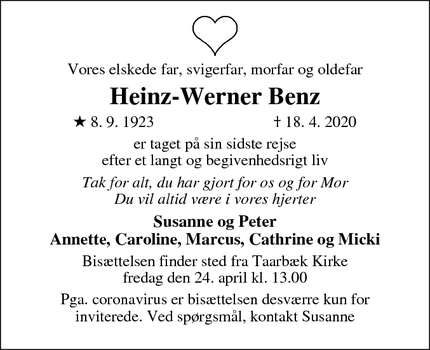 Dødsannoncen for Heinz-Werner Benz - Hørsholm