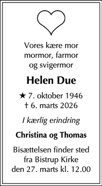 Dødsannoncen for Helen Due - Birkerød