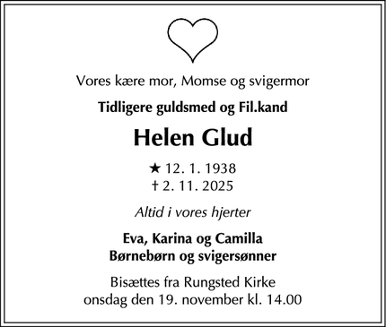 Dødsannoncen for Helen Glud - RUNGSTED KYST