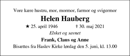Dødsannoncen for Helen Hauberg - Haslev