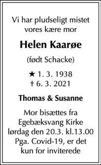 Dødsannoncen for Helen Kaarøe - Espergærde