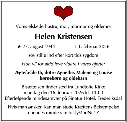 Dødsannoncen for Helen Kristensen - Virum