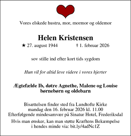 Dødsannoncen for Helen Kristensen - Virum