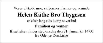 Dødsannoncen for Helen K&auml;the Bro Thygesen - Odense