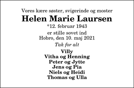 Dødsannoncen for Helen Marie Laursen - Hobro
