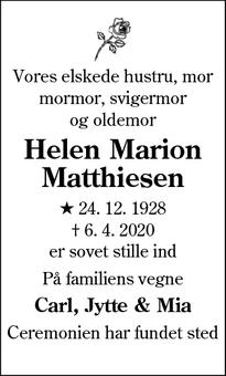 Dødsannoncen for Helen Marion Matthiesen - Aabenraa