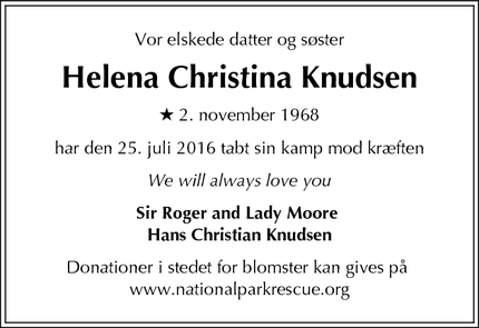 Dødsannoncen for Helena Christina Knudsen - London