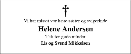 Dødsannoncen for Helene Andersen - Toftlund