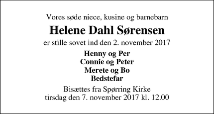 Dødsannoncen for Helene Dahl Sørensen - Spørring