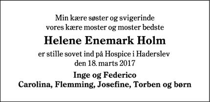 Dødsannoncen for Helene Enemark Holm - Vojens