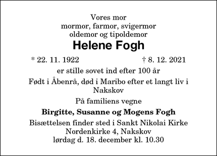 Dødsannoncen for Helene Fogh - Birkerød