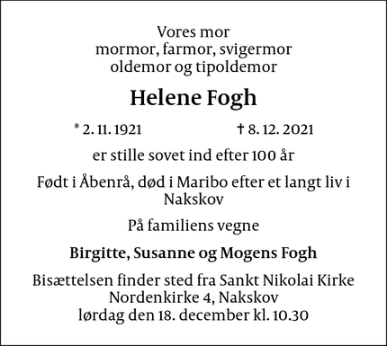 Dødsannoncen for Helene Fogh - Birkerød