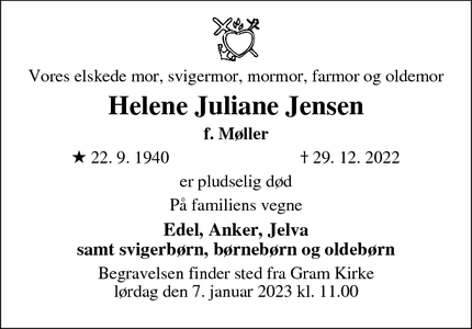 Dødsannoncen for Helene Juliane Jensen - Hoptrup