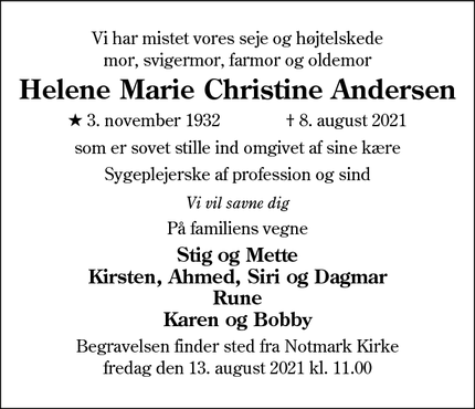 Dødsannoncen for Helene Marie Christine Andersen - Fynshav, 6440 Augustenborg
