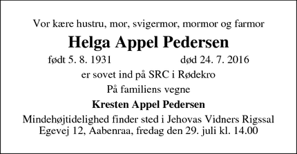 Dødsannoncen for Helga Appel Pedersen - Aabenraa