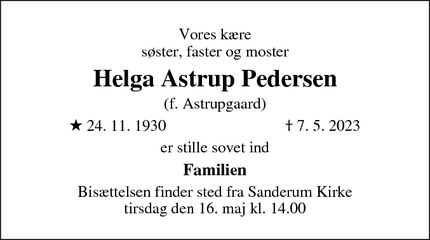 Dødsannoncen for Helga Astrup Pedersen - odense