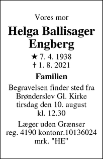 Dødsannoncen for Helga Ballisager
Engberg - Aalborg
