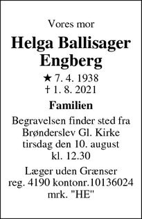 Dødsannoncen for Helga Ballisager
Engberg - Aalborg