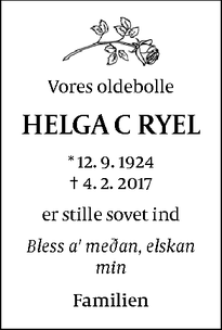 Dødsannoncen for HELGA C RYEL - Søllerød