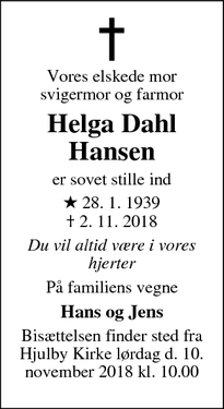 Dødsannoncen for Helga Dahl Hansen  - Nyborg