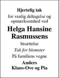 Taksigelsen for Helga Hansine Rasmussen - Gjerrild