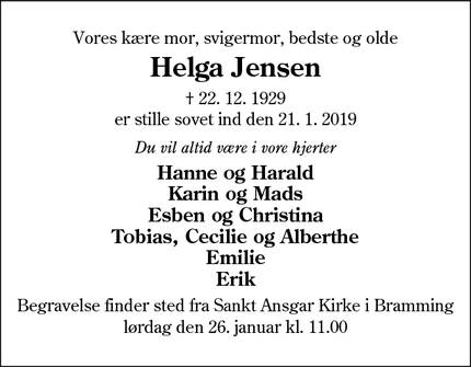 Dødsannoncen for Helga Jensen - Bramming