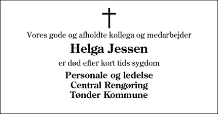 Dødsannoncen for Helga Jessen - Tønder
