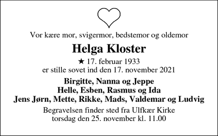 Dødsannoncen for Helga Kloster - Ulfborg